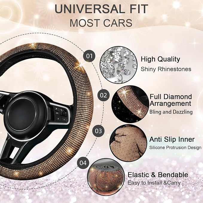 NBTEPEM 12 Pcs Bling Car Accessories Set for Women Car Floor Mats Full Set Steering Wheel Cover Seat Belt Covers Coasters Universal Fit Car SUV Truck Van Champagne