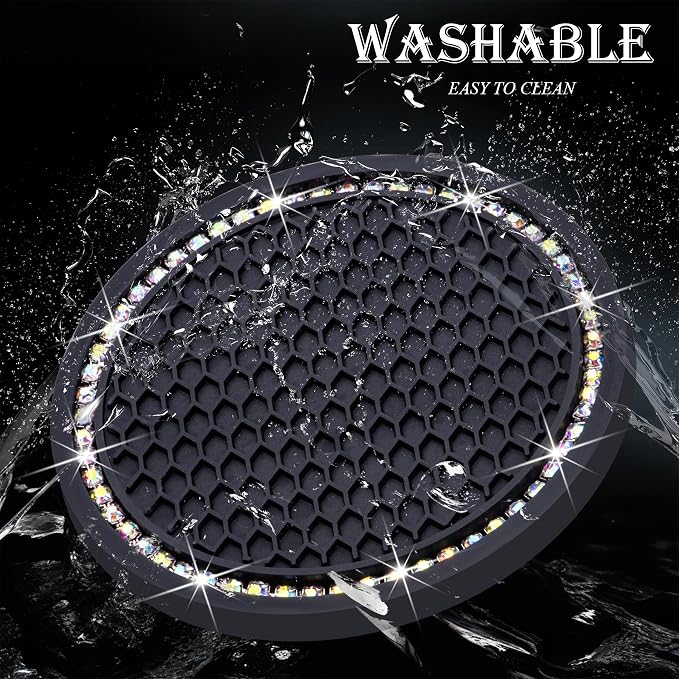 2PCS Bling Cup Holder Coaster, 2.75 Inch Auto Car Cup Holder Insert Coasters, Soft Silicone Anti-Slip Shockproof, Universal Vehicle Interior Accessories for Women Girls (Black & Colorful)
