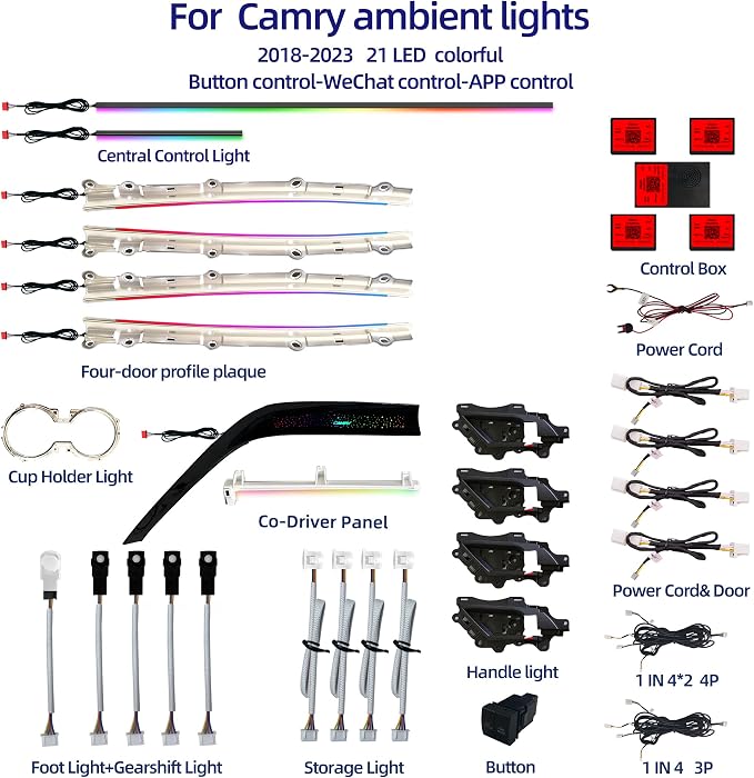 21 LED RGB Ambient Light Kit for 8th Gen Toyota Camry 2018-2023, Full Interior Atmosphere Lights with Starry Sky Panel & Cup Holder Lights, APP Control