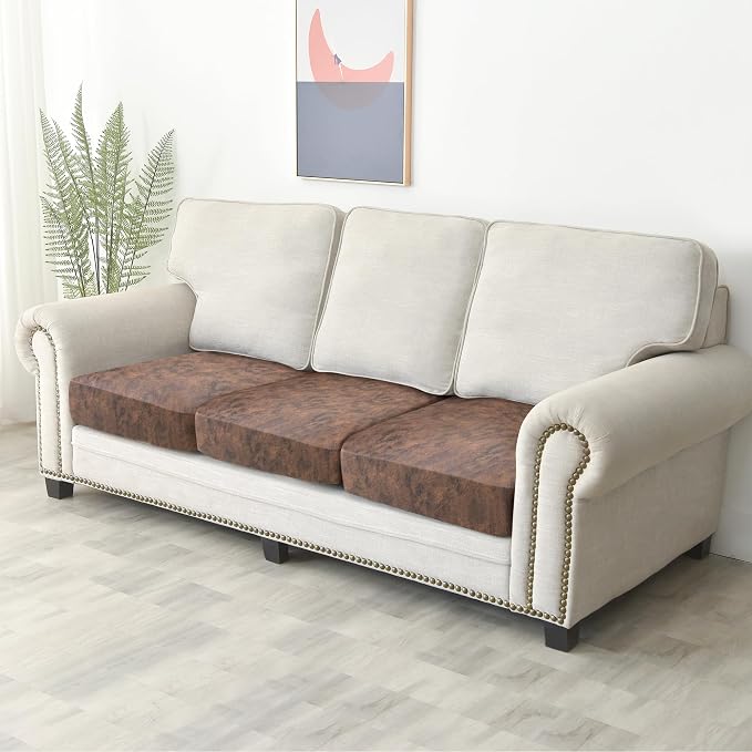 Yates Home PU Leather Couch Sofa Cushion Slipcover Water-Proof Elastic Chair Seat Covers Loveseat Slip Cover for Seater Replacement in Living Room(3 Piece Large Sofa Cushion Covers, Brown)