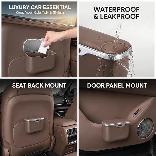 Hanging Car Trash Can, Leakproof Garbage Bin with Lid, Brown | ABS Construction, Clip-On Door/Back Seat Pocket Mount, Waterproof Liner, Push-Top Opening, For Suvs, Trucks, Sedans, Vans
