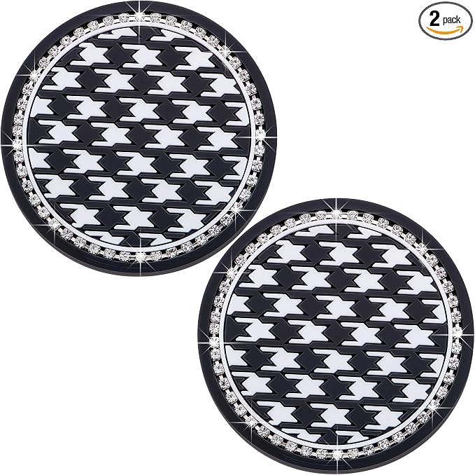 2PCS Sparkly Bling Car Cup Holder Inserts – 2.75 Inch Soft Silicone Coasters, Anti-Slip & Shockproof, Cute Vehicle Accessories for Women Girls (Houndstooth)