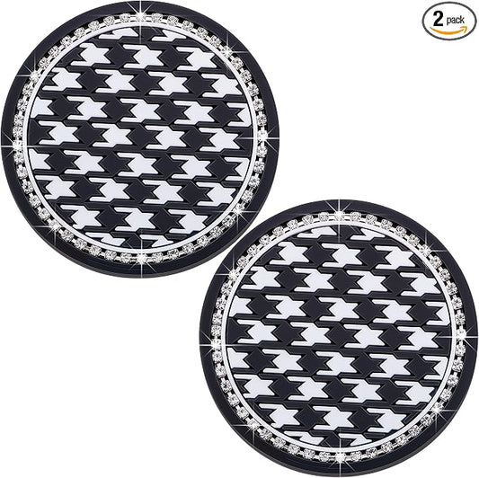 2PCS Sparkly Bling Car Cup Holder Inserts – 2.75 Inch Soft Silicone Coasters, Anti-Slip & Shockproof, Cute Vehicle Accessories for Women Girls (Houndstooth)