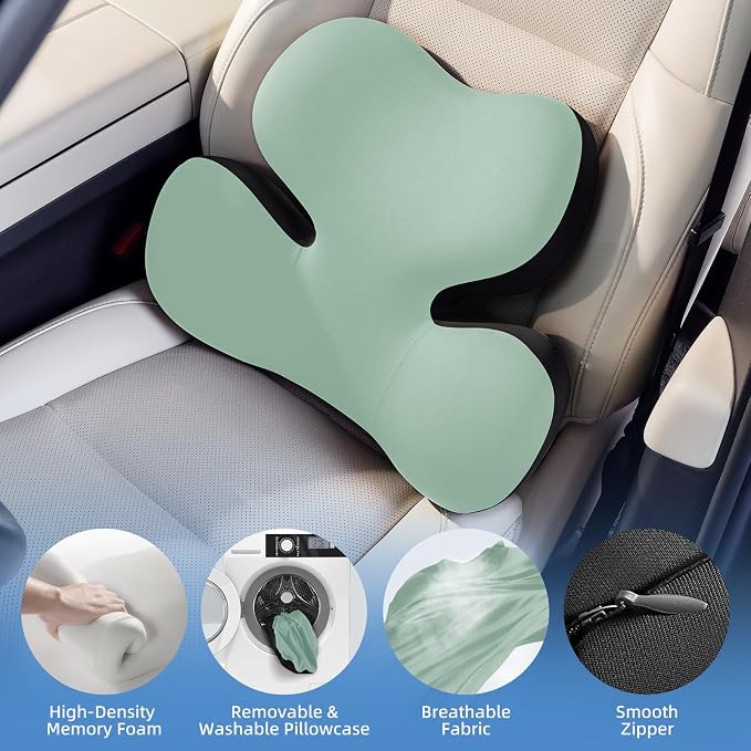 BEBAS Ergonomic Memory Foam Lumbar Support Pillow for Car, Green | Zoned Pressure Relief for Back Support, Lumbar Cushion with Fixed Ring, Breathable Washable Cover, Fits for Driving & Office