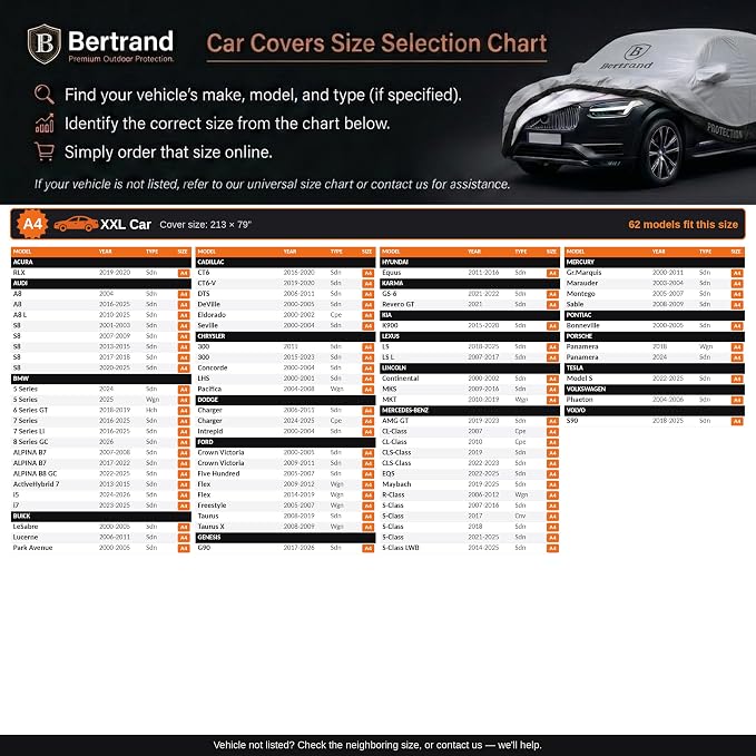 BERTRAND Heavy Duty Sedan Car Cover Waterproof All Weather - Snow, Rain & UV Outdoor Protection | Cotton-Lined, Up to 10-Point Anchoring + Door Zipper | XXL Sedans, Silver-Black (213x79, A4)