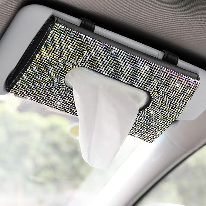 Bling Car Sun Visor Tissue Box Holder, Visor Accessories, Rhinestone PU Leather Crystal Sparkling Napkin Holder, Auto Sun Visor Paper Towel Cover Case Accessories for Most Cars (Colorful)