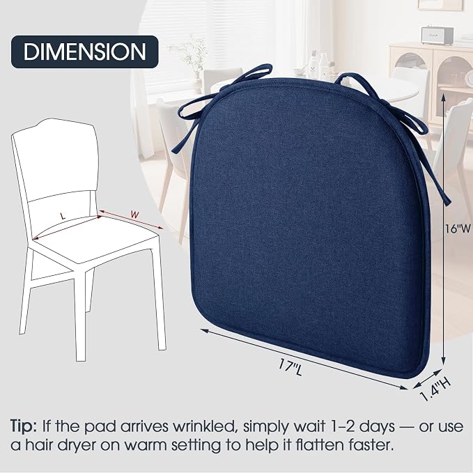 TushGuard Chair Cushions, 4 Pack Memory Foam Chair Pads, Thin Seat Cushion, Kitchen Chair Cushions Set of 4, Anti-Slip Backing & Fixed Straps, 1.4 in Thick, Navy Blue