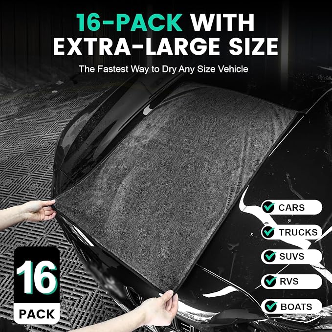 TEAWOO 16-Pack Bulk Microfiber Towels for Cars, Super Absorbent Car Drying Towel, Extra Large Car Towel (600GSM, 24" x 35")