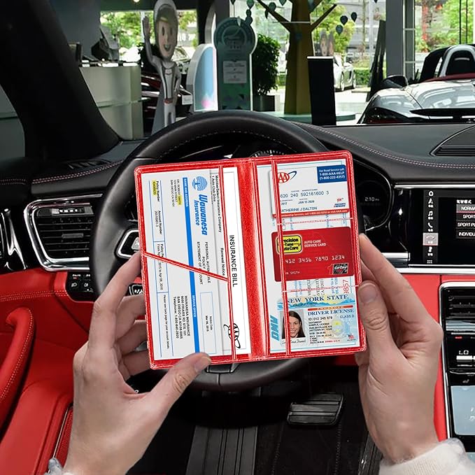 TOURSUIT Car Registration & Insurance Card Holder, Glitter Red | Vehicle License Document Organizer, Glove Box Compartment, Interior Car Accessories, For Women Men