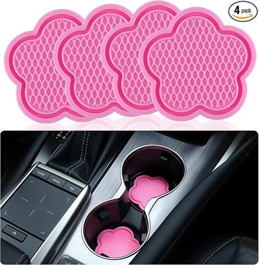 GaRhomxy Car Cup Holder Coaster, Universal Non-Slip Recessed Flower Shaped Cup Holders, Cute Car Accessories Interior for Women and Man Interior Sets 4 Pack (Pink)