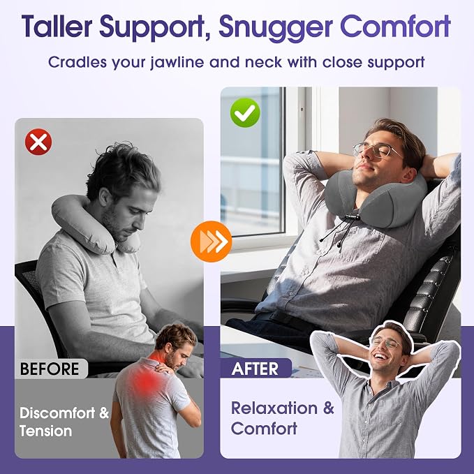 CloudBliss Travel Pillows for Airplane, Memory Foam Neck Pillows for Travel, Compact Neck Pillow for Long Flight, Car & Office, Plane Accessories with Eye Mask, Earplugs, Carry Bag, Black & Dark Grey