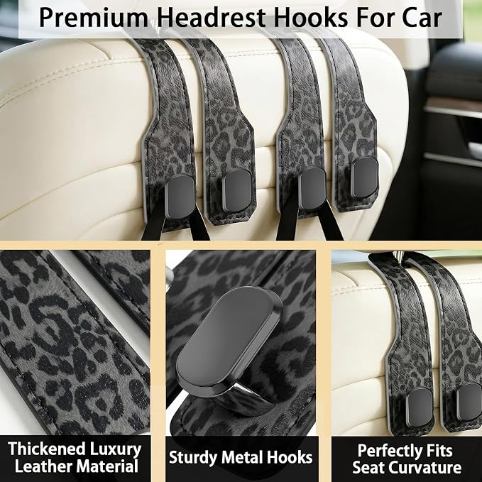 Car Hooks for Headrest: 2Pcs Headrest Hooks for Car - Premium Leather Double Metal Hook - Purse Hook for Car Headrest - Car Headrest Hooks for Purses, Handbags, Bags - Black Leopard