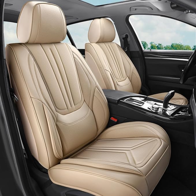 Car Seat Covers Full Set Beige, Premium Leather Car Seat Covers, Waterproof and Breathable Seat Covers, Universal Car Seat Protector Fit for Cars, Trucks, SUVs, Pick-ups