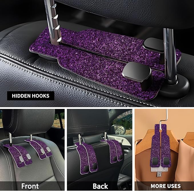 Car Seat Headrest Hook, Universal Leather Cute Hanger Holder Hook, Storage Organizer Interior Accessories for Purse Bags Handbag Glitter Purple Pattern