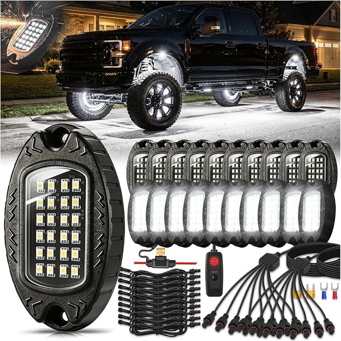 20Pods Metal Pure White LED Rock Lights Kit 6500K for Truck Pickup Offroad | Aluminum Housing, Plug-and-Play & Pre Wired, Switch Wiring Harness Extension Fuse, 480Chips Waterproof 12V, Pure Copper Wire
