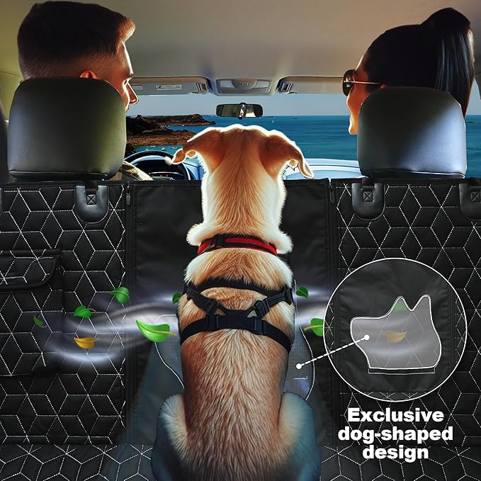 Meginc Dog Car Seat Cover for Back Seat, 60" Waterproof Dog Car Hammock with Mesh Window and Side Flaps, 600D Oxford Fabric Pet Seat Protector for Cars, SUVs & Mid-Size Trucks, Black