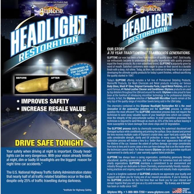 Gliptone Headlight Restoration Kit, Restores 4 Headlights, Guaranteed, Easy 2 Step Process, 7 Piece Kit, No Sanding or Tools Required | Restores Up to 4 Headlights, No Sanding or Tools Required, UV Protection & Clear Poly Coating, Easy 2-Step Process