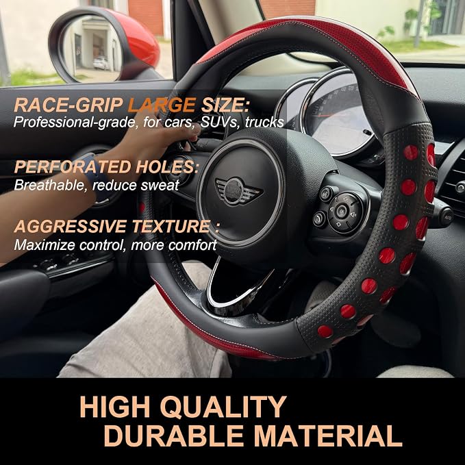 PINCTROT Large Size Race Grip Steering Wheel Cover, Anti-Slip Silicone Perforated Design with Soft Touch Padding, Enhanced Grip for Sporty Driving 15.5-15.75 Inch (Racing Red)