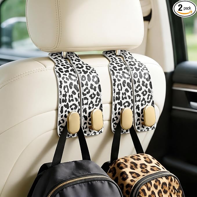 Car Hooks for Headrest: 2Pcs Car Headrest Hook with Leopard Leather | With Double Metal Hooks - Purse Hook For Car - Car Headrest Hooks - Car Bag Hooks for Purses, Handbags, Bags - White Leopard