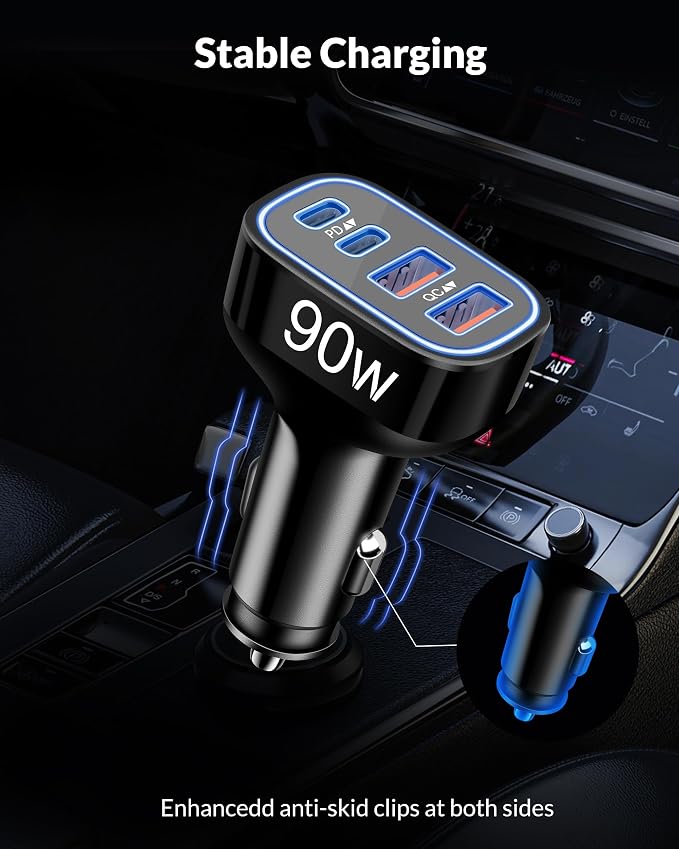 2-Pack USB C Car Charger 90W 4-Port Cigarette Lighter Adapter Accessories | PD/PPS/QC Super Fast Charging,12-24V USB Outlet,Multiport Car Phone Charger for iPhone/Galaxy/Tablet,Family Travel Essentials