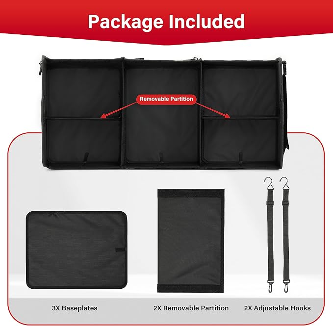 Simple Deluxe Car Trunk Organizer, Multi Compartments Collapsible Trunk Storage, Anti-slip, Waterproof 600D Oxford Polyester, with Adjustable Straps for SUV, Minivan, Truck, Large Size, Black