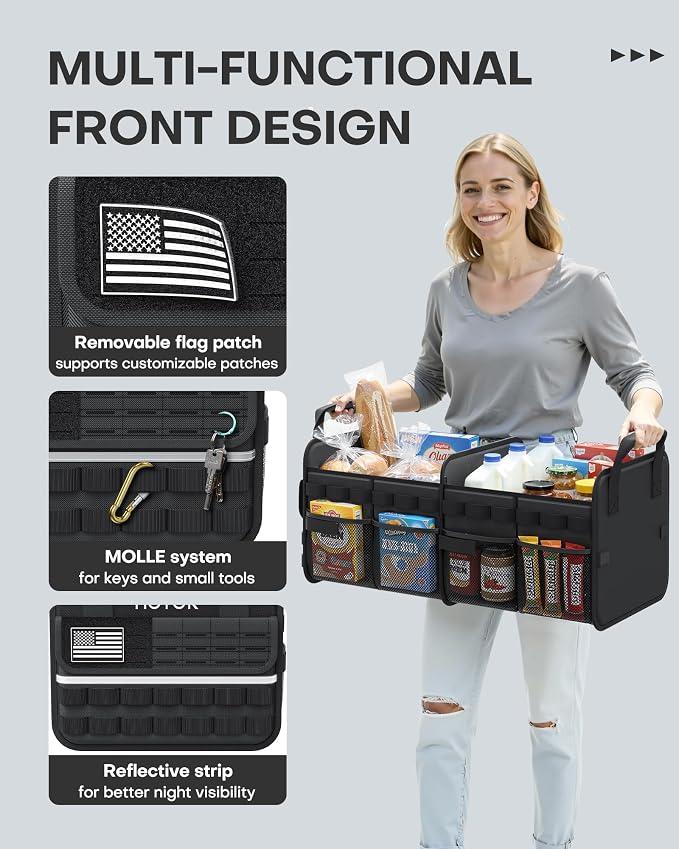 HOTOR Tactical Car Trunk Organizer - Foldable Trunk Organizer for SUV with Front MOLLE Pocket & Reflective Strips, Essential Car Accessories for Tools & Outdoor Storage, 15.0" x 23.6" x 11.0", Black