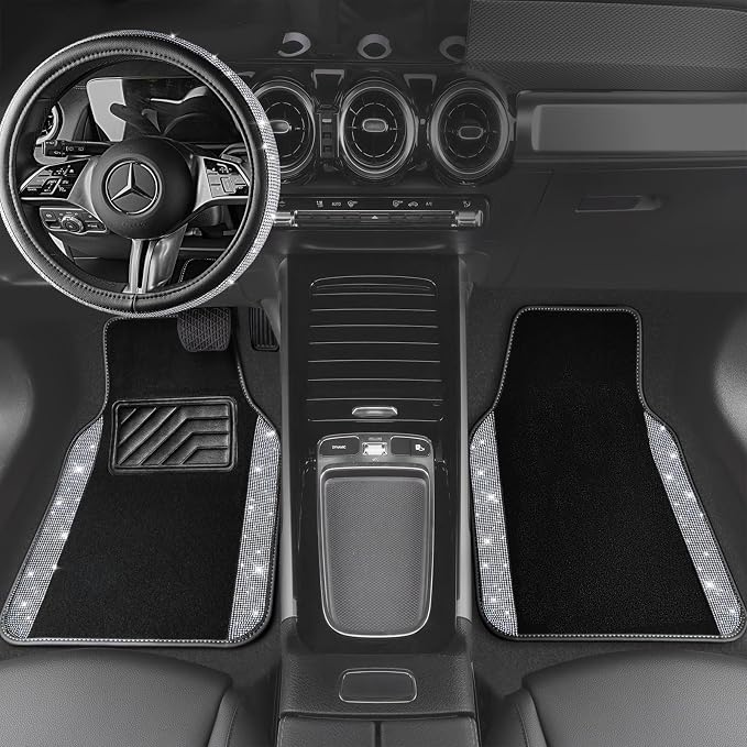 CAR PASS Bling Diamond Leather Steering Wheel Cover 14.5in-15in Floor Mats Shining Rhinestone Carpet Sparkly Glitter Crystal Anti-Slip Pad Fit Automotive SUV Pickup Truck Girl Women, 5pcs Black Sliver