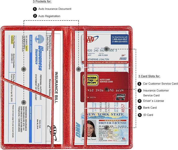 TOURSUIT Car Registration & Insurance Card Holder, Glitter Red | Vehicle License Document Organizer, Glove Box Compartment, Interior Car Accessories, For Women Men