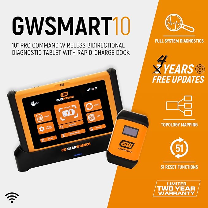 GEARWRENCH 10" Pro Command Wireless Bi-Directional Diagnostic Tablet with Rapid-Charge Dock, Includes 4 Years of Software Updates | GWSMART10