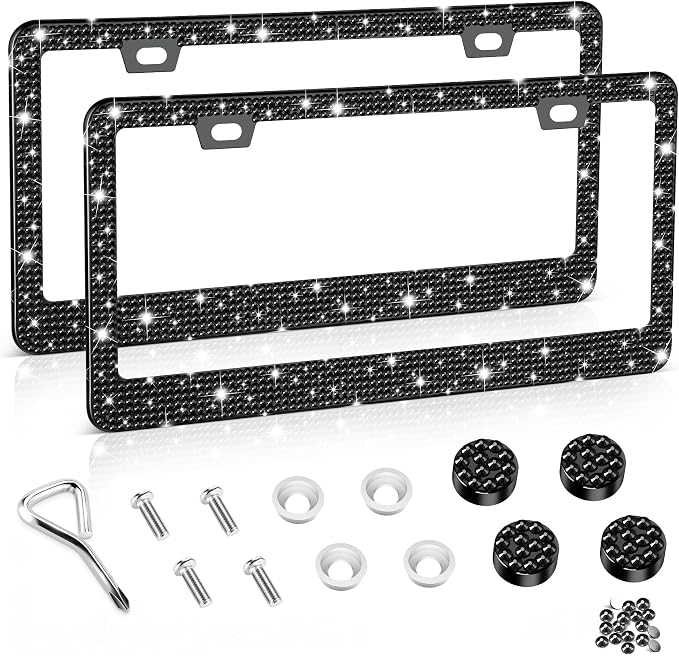 Amiss Bling License Plate Frame for Women, 2Pack Rhinestone Handcrafted Crystal Premium Stainless Steel, Stainless Steel Car Accessories with Diamond Sparkle Glitter Caps (Black)
