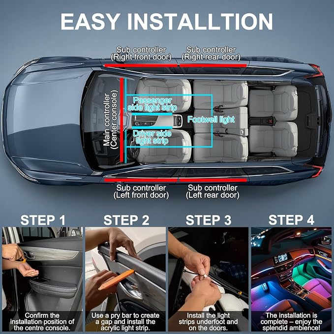 Dreamcolor Acrylic Interior Car LED Strip Lights, 10 in 1 Ambient Lighting Kit with Wireless APP, Dynamic Chasing Music Sync Fiber Optic Lights with DIY Mode, Car Inside Lighting Accessories
