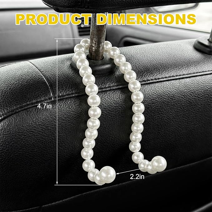 2 PCS Elegant Pearl Car Seat Headrest Hook, Strong Load-Bearing Vehicle Back Seat Hanger Cute Pearl Hook, Auto Decorative Headrest Storage Hanger for Purse Handbag Grocery Bag
