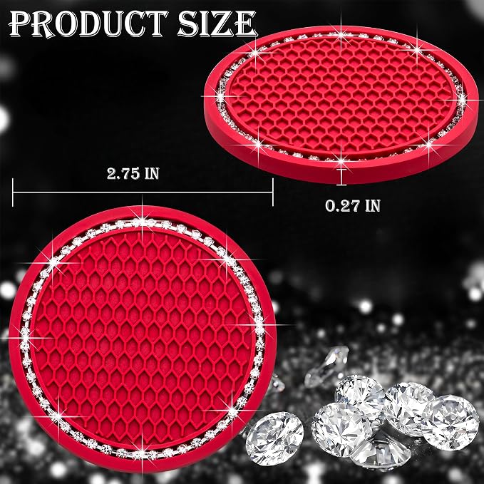 2PCS Bling Cup Holder Coaster, 2.75 Inch Auto Car Cup Holder Insert Coasters, Soft Silicone Anti-Slip Shockproof, Universal Vehicle Interior Accessories for Women Girls (Red & White)