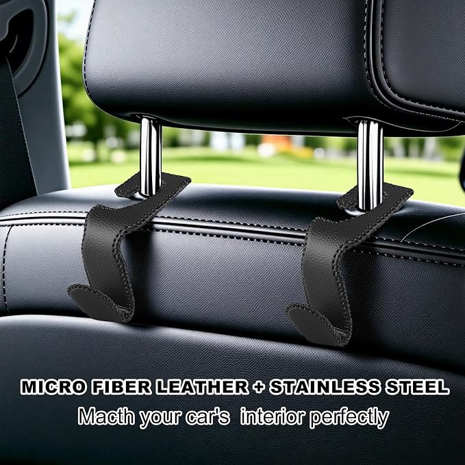 Headrest Hooks for Car, 2 Pack Back Seat Purse Hook Leather Hanger Holder Hook for Hanging Purses and Bags and Coats Black