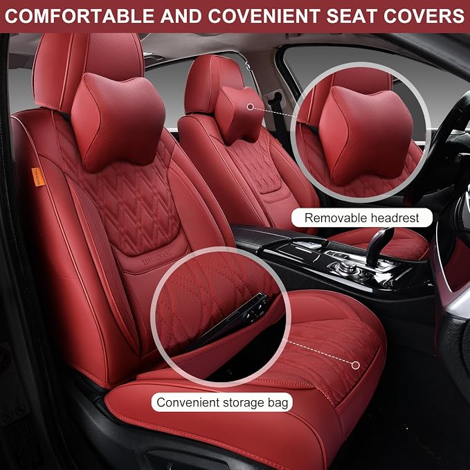 Car Seat Covers Full Set, Breathable Leather Automotive Front and Rear Seat Covers & Headrest, Universal Automotive Vehicle Seat Cover for Most Sedan SUV Pick-up Trucks, Wine Red