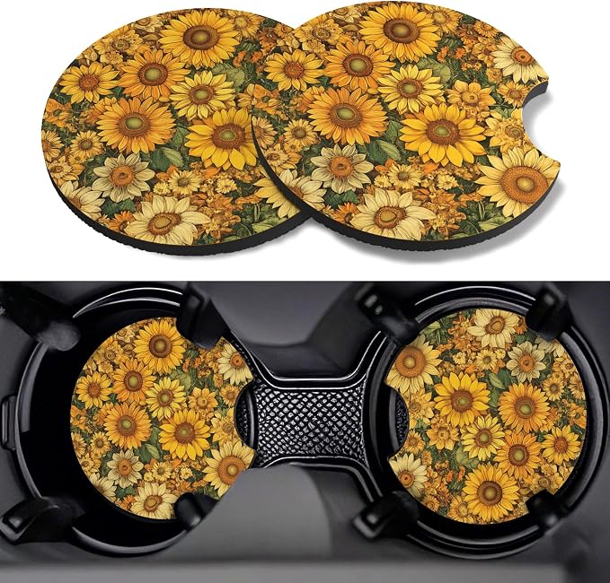 Car Cup Coasters,2 Pack Car Coaster,2.75inch Anti Slip and Absorbent Cars Coasters for Cup Holders,Neopren Accessories for Women,Cute Decor for Women (Sunflowers)