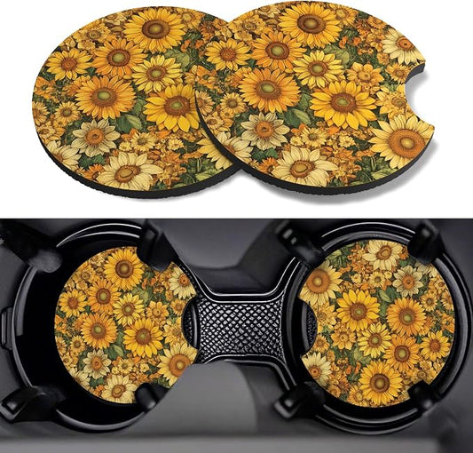 Car Cup Coasters,2 Pack Car Coaster,2.75inch Anti Slip and Absorbent Cars Coasters for Cup Holders,Neopren Accessories for Women,Cute Decor for Women (Sunflowers)