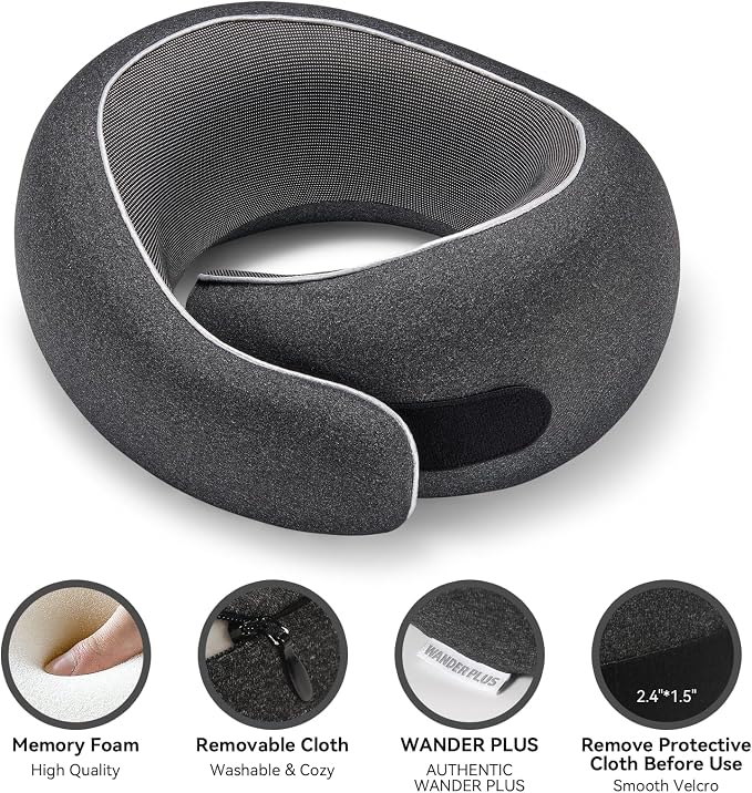 WANDER PLUS® Travel Pillow, 100% Pure Memory Foam Travel Neck Pillow Airplane Neck Support Ergonomic Design Best for Sleeping Plane Car Train Office Flight for Adults Sky Blue