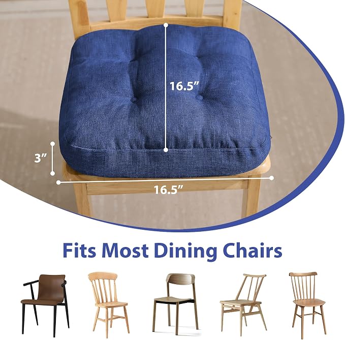 IASEAHK Chair Cushions, Dining Chair Cushions, Tufted Indoor Chair Pads, Set of 4, Navy Blue, 16.5'' x 16.5'' x 3.5''