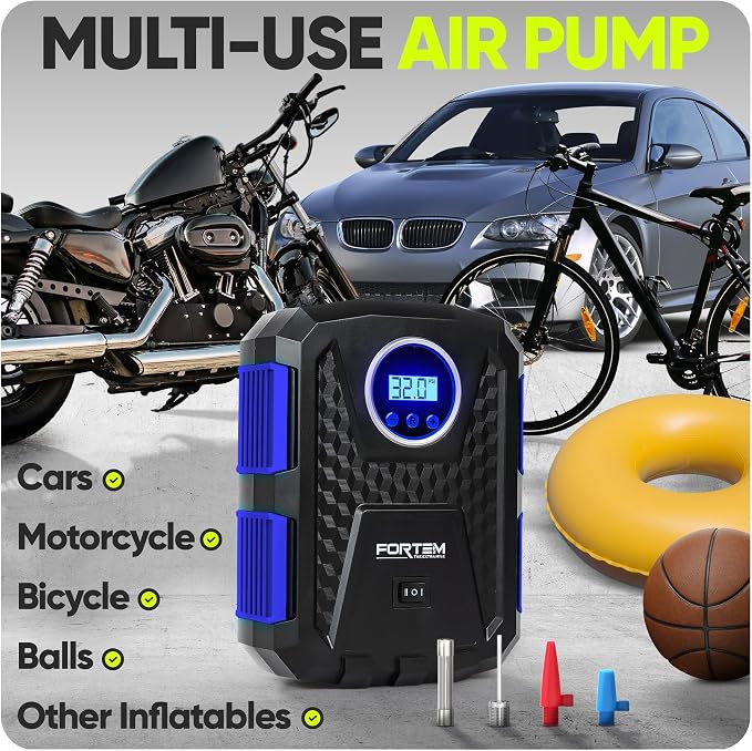 FORTEM Tire Inflator Portable Air Compressor, Air Pump for Car Tires and Bikes, Car Tire Pump w/Auto Shut Off, 150 PSI, 12V DC, LED Light, Carrying Case, Perfect For Men, Women