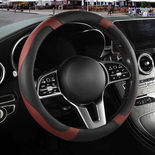 Black Burgundy Microfiber Leather Steering Wheel Cover 14 inch | Breathable Anti Slip Grip Cool Sporty Look Glow for Women Men