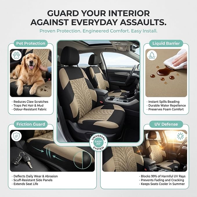 FH Group Front Set Travel Master Car Seat Covers - Covers for Low Back Car Seats with Removable Headrest, Universal Fit, Automotive Seat Cover, Airbag Compatible Car Seat Cover for SUV, Sedan Beige