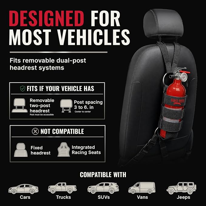 Badass Moto Car Fire Extinguisher Mount - Automotive Fire Extinguisher Mount for Vehicle Car Seat Headrest - Tool Free Seat Back Strap Install. Safety Kit Accessories for Jeep, Truck & SUV - 16 Pack