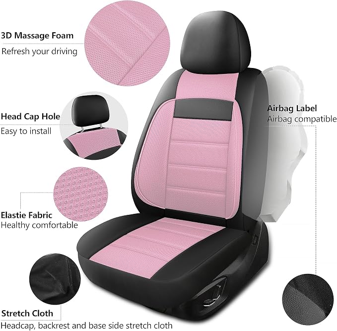 HChengkikz Car Seat Covers, Leather, 3D Foam Back Support (Black + Pink) | Air Mesh, Airbag Compatible, Universal Fit for Most Cars, Vans, Trucks, SUVs