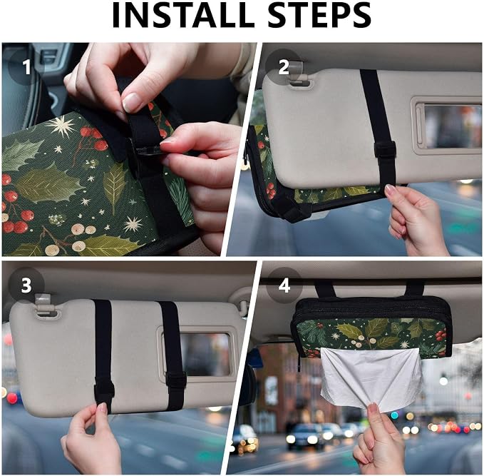 Green Christmas Holly Berries Pine Needles Leaves Car Tissue Holder Durable Napkin Holder Hanging Tissue Holders Case Car Tissues Bag for Sun Visor Seat Back Universal Auto