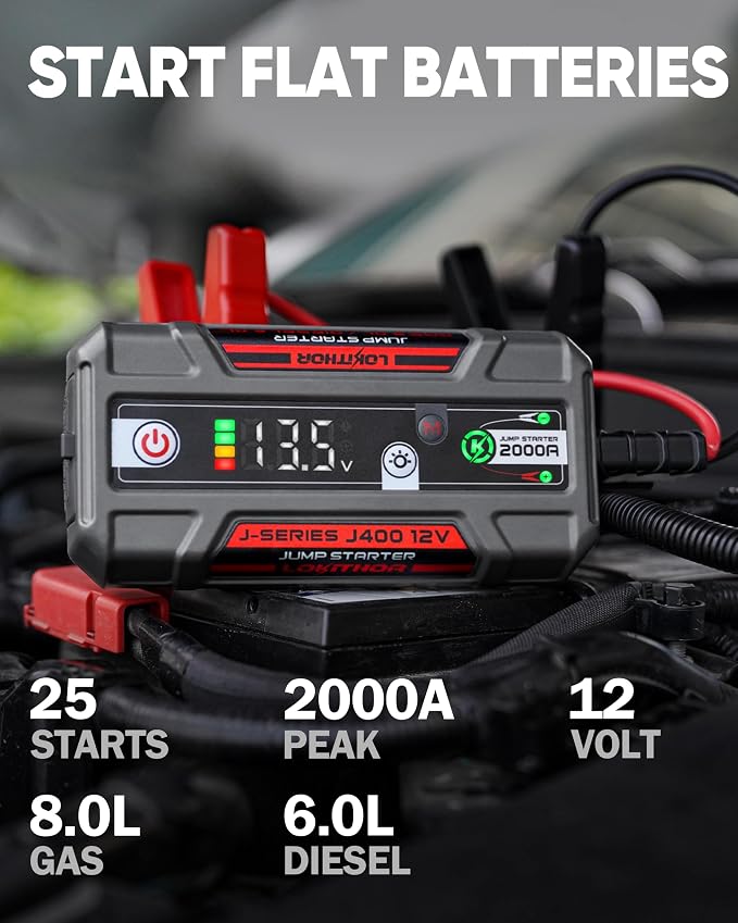 LOKITHOR J400 Jump Starter - 12V 2000A Lithium Battery Jump Pack, Portable Jump Box, Car Starter, Jumper Cables - for Up to 8.0L Gas & 6.0L Diesel Engines | ConnectMax Tech - Smart Digital Display