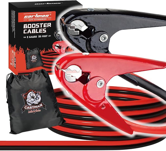 Cartman 2 Gauge 20 ft Heavy Duty Jumper Cables with Carry Bag | Dual-Connection Clamps, High-Density CCA Conductors, Cold-Resistant TPR Jacket