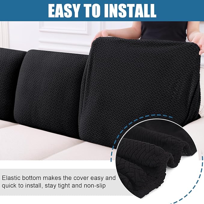 Smiry Waterproof Couch Cushion Covers, Stretch Jacquard Thick Sofa Cushion Covers, Washable Seat Slipcover Elastic Furniture Protector for Pets, Kid (Back Cover L, Black)