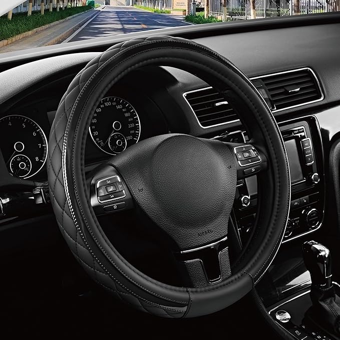 Road Comforts Leather Steering Wheel Cover – Black & Black, Universal Fit 14.5-15 Inch, Microfiber Leather, Anti-Slip & Breathable Design for Men and Women