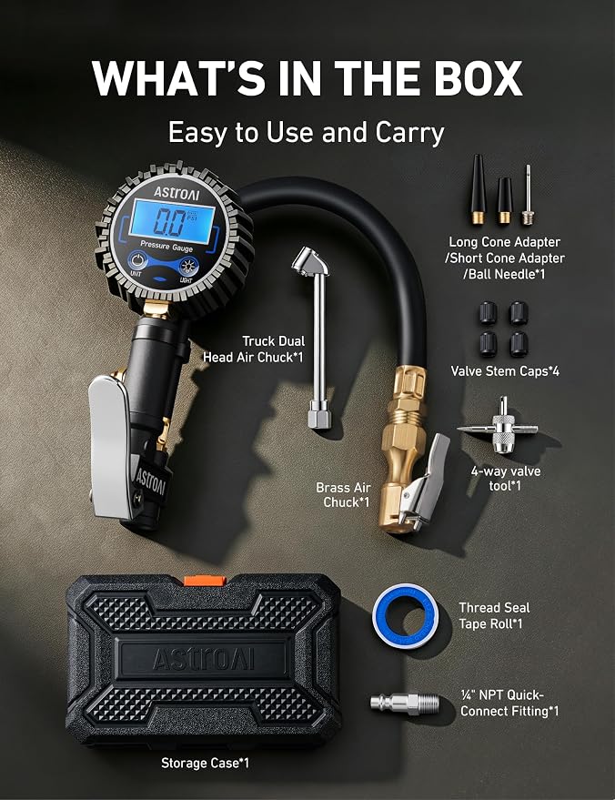 AstroAI Digital Tire Pressure Gauge with Inflator, 3-250 PSI-Inflate, Deflate & Read with ±1% Precision, Backlit LCD for Day or Night, Heavy-Duty Air Chuck, for Cars, Motorcycles, & More, with Case